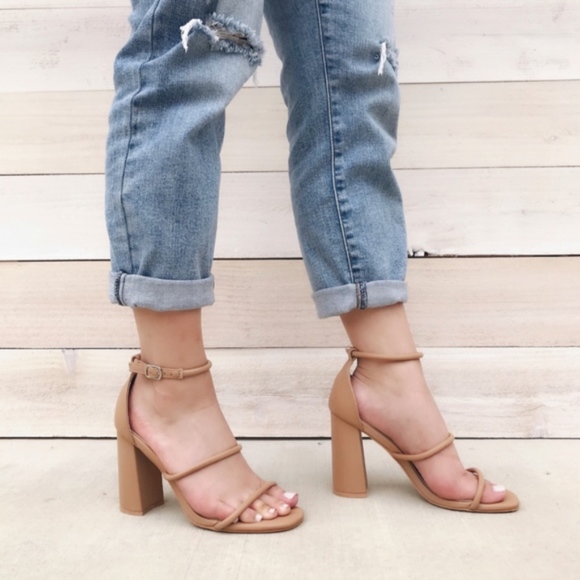 Shoes - Nude 3 Strap Block Heel